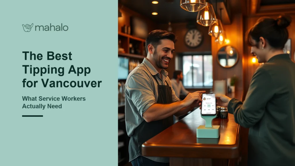 Smiling bartender at a warm wood bar as a customer taps a phone on a stand showing the Mahalo tip selection screen