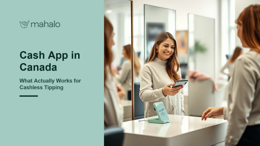 Smiling client in a bright salon holding a phone near a mint stand showing a Mahalo Tap to Pay card