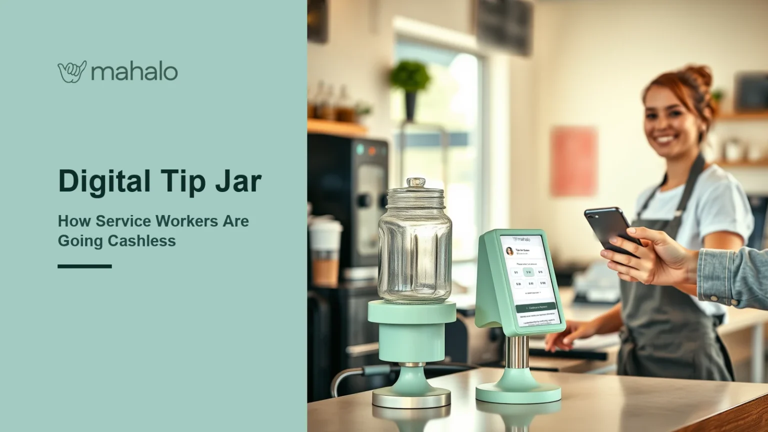 Barista behind a cafe counter with an empty glass tip jar beside a mint stand showing the Mahalo tip screen as a customer holds out a phone