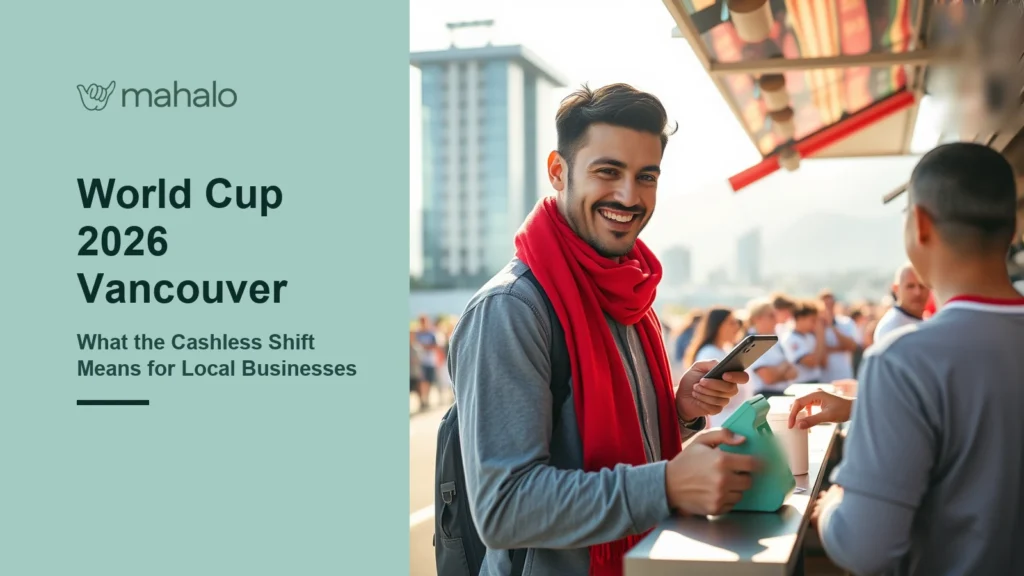 Smiling football fan in a red scarf tapping his phone on a mint tap-to-pay stand at a food truck counter, with a crowd of fans behind