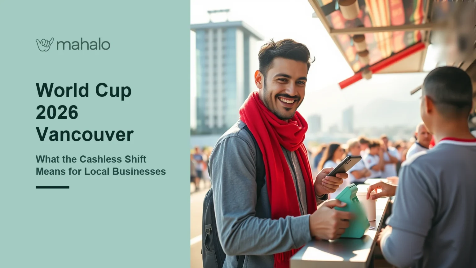 Smiling football fan in a red scarf tapping his phone on a mint tap-to-pay stand at a food truck counter, with a crowd of fans behind