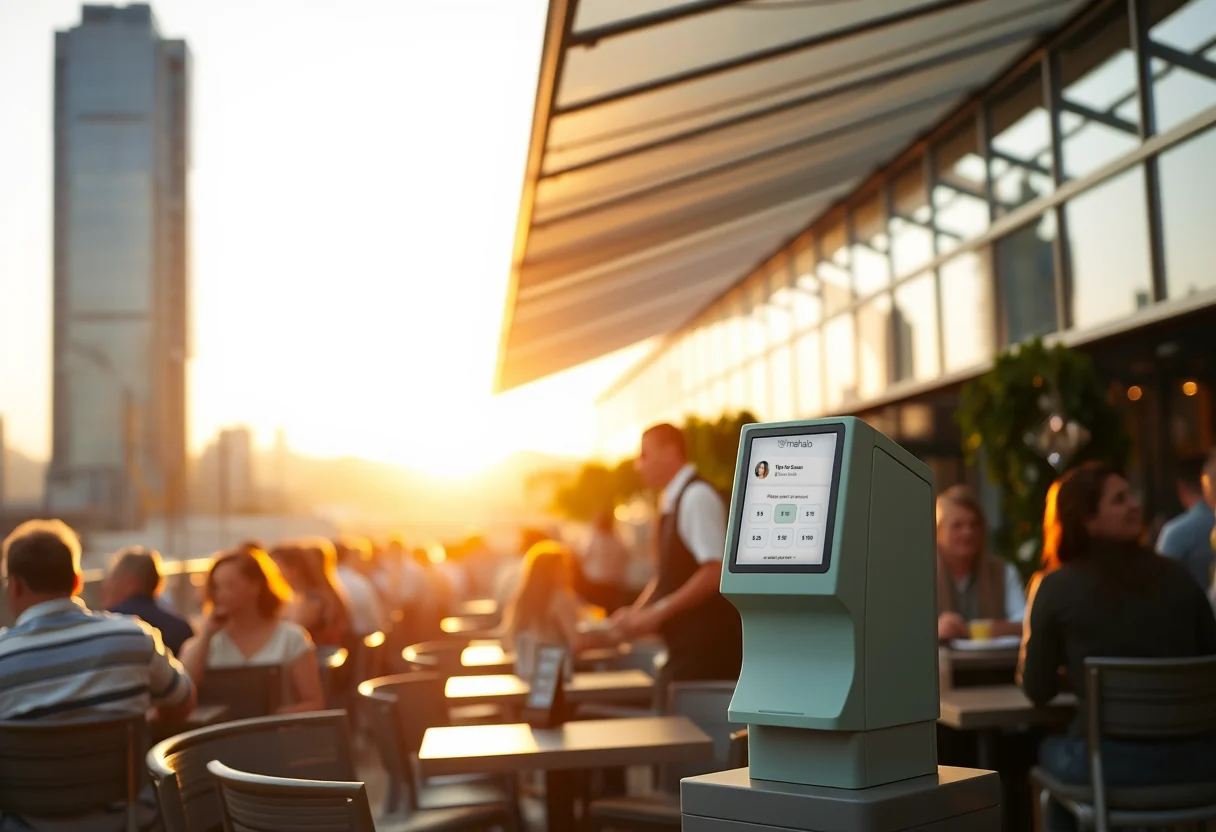 Restaurant patio at sunset with a mint kiosk in the foreground showing the Mahalo tip amount screen