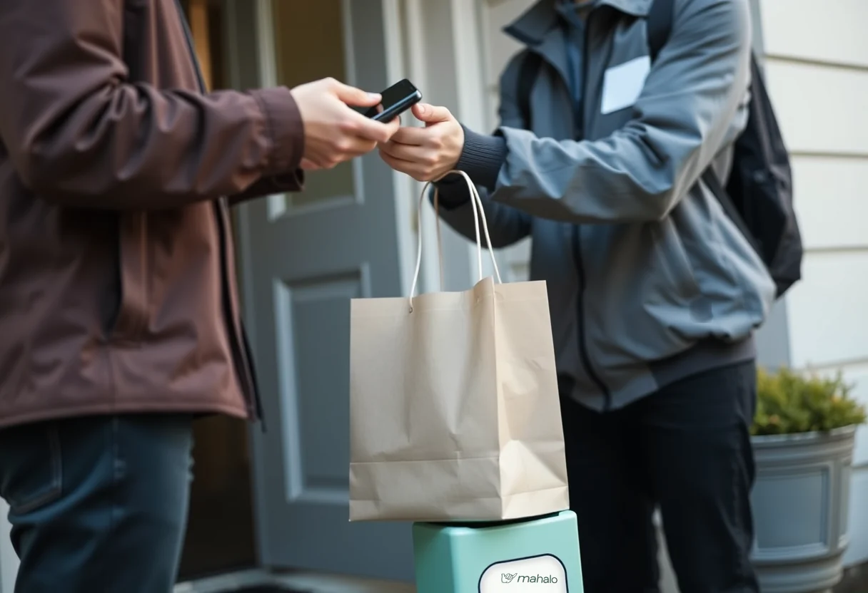 Delivery courier handing a paper bag to a customer holding a smartphone at a front door, with a Mahalo-branded stand below