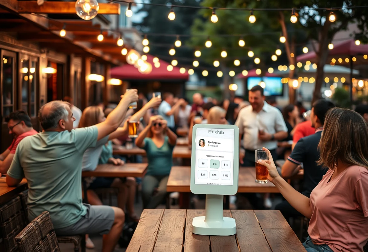 Friends raising glasses on a busy restaurant patio under string lights, with a stand on the table showing the Mahalo tip screen