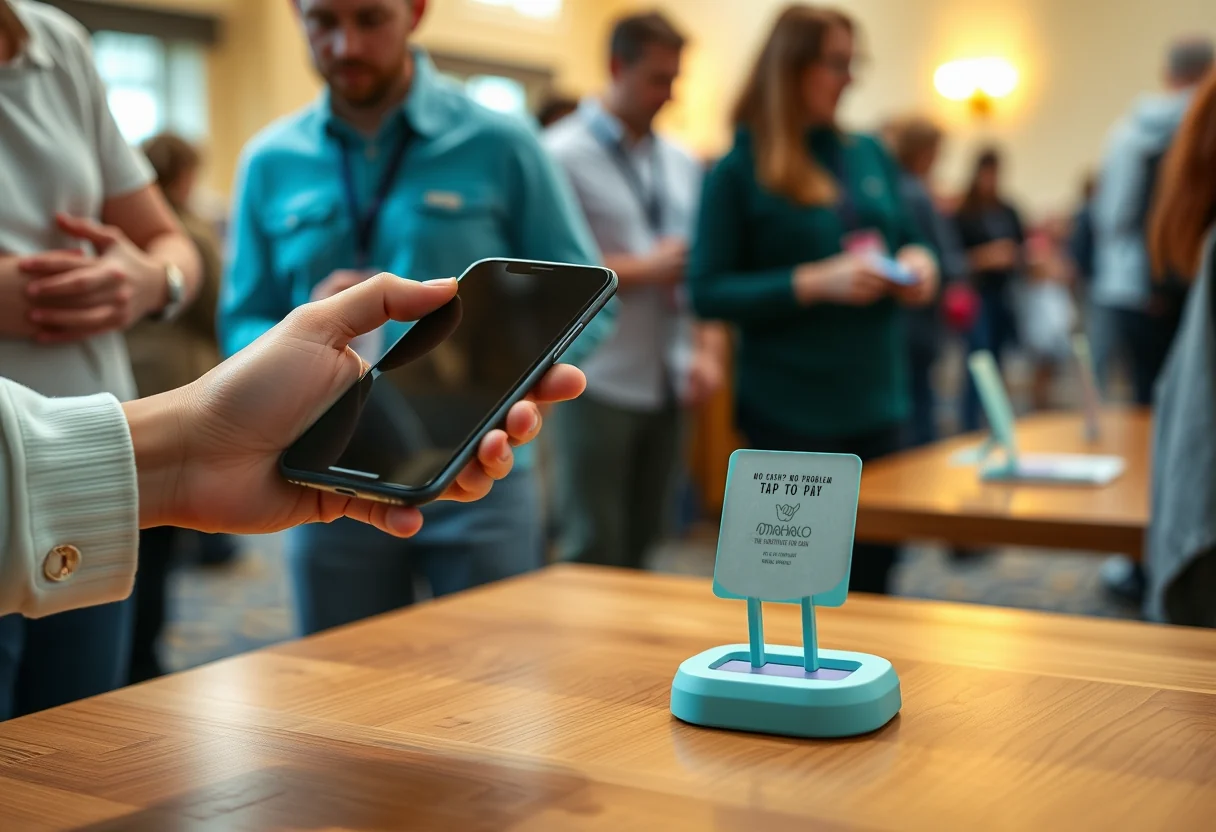 Hand holding a smartphone above a mint Mahalo Tap to Pay donation card on a wooden table at an indoor community event