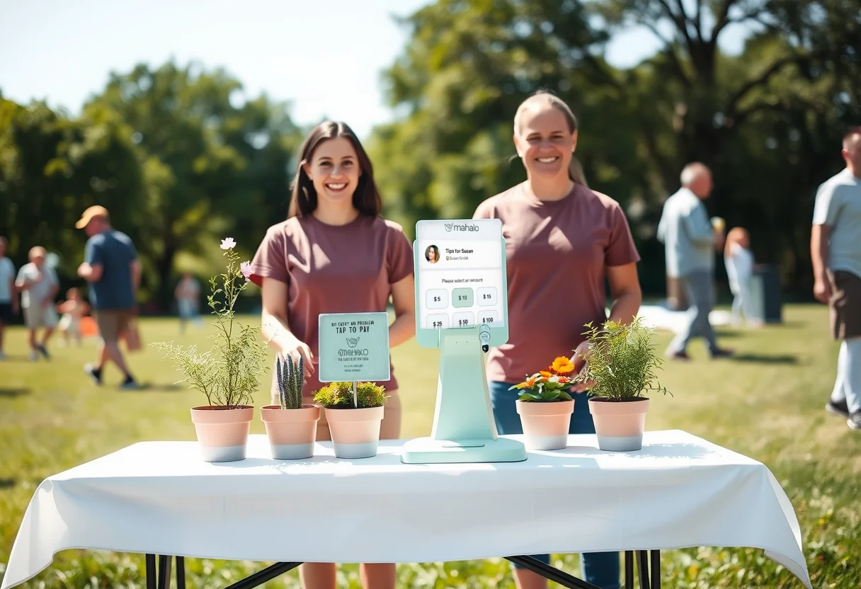 Two smiling volunteers behind a charity table on a park lawn with a Mahalo Tap to Pay sign and a stand showing the Mahalo tip screen