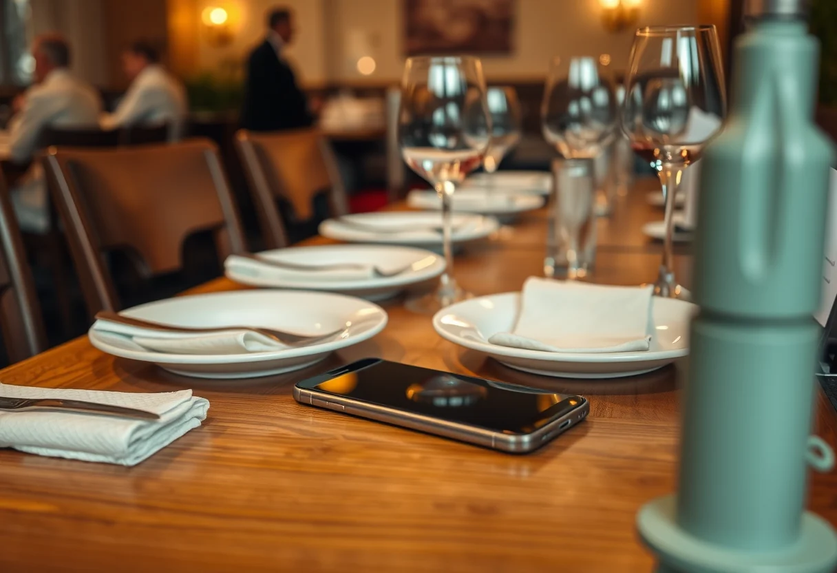 Restaurant table after dinner with a smartphone lying face down between empty plates and wine glasses
