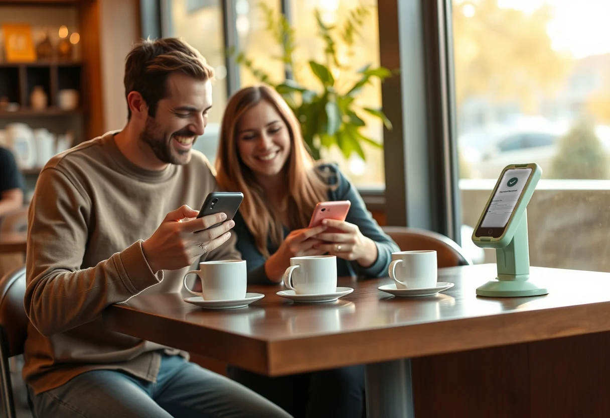 Two friends laughing at their phones over coffee, with a phone on a mint stand showing a Mahalo payment received screen