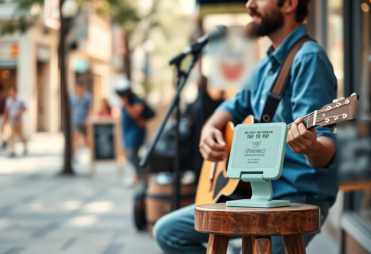 Street musician playing acoustic guitar beside a mint stand showing a Mahalo Tap to Pay card on a wooden stool