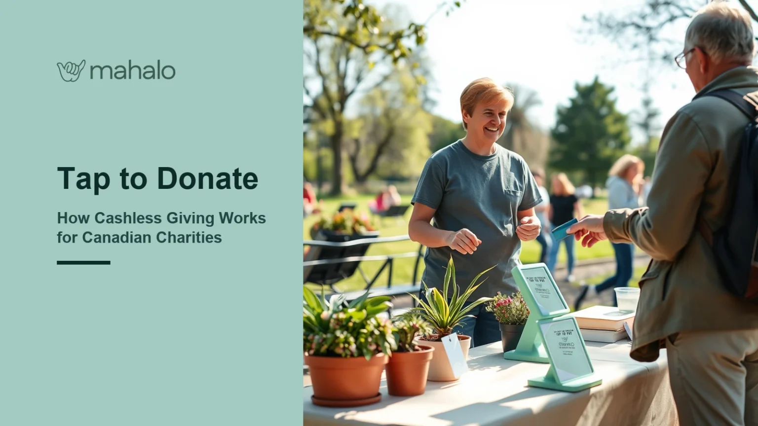 Smiling volunteer at an outdoor charity table with two mint stands showing Mahalo Tap to Pay cards as a visitor holds out a card