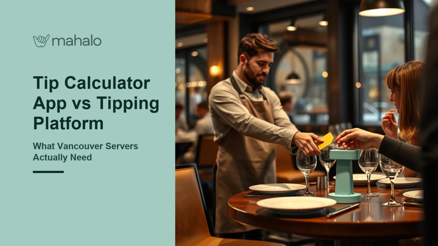 Restaurant server reaching across a dining table with a mint-green tap stand among the wine glasses