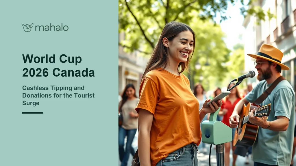 Smiling woman in an orange t-shirt tapping her phone on a mint tap-to-pay stand to tip a street musician playing guitar